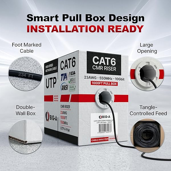 BIG-A – BULK CAT6 CABLE 1000FT 23AWG SOLID 4 PAIR, CAT 6 ETHERNET CABLE UNSHIELDED TWISTED PAIR (UTP), (CMR) 550MHZ INTERNET CABLE, PULL BOX – BLACK