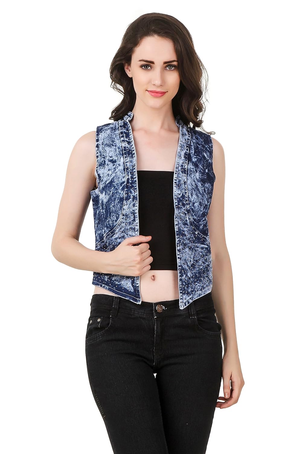 clo clu blue mandarin collar acid washed denim casual shrug