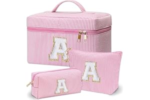 ADORYOUNG Personalized Monogram Makeup Bag, 3PCS Custom Monogrammed Toiletry Cosmetic Bag for 6-18 Teen Girls Women,Birthday Graduation Gifts Initial Pouch Makeup Bags for Women Girls, Make Up Bag (A, Pink)