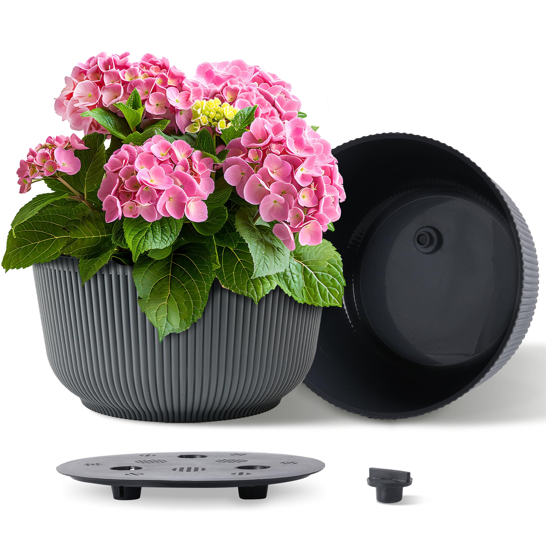 Photo 1 of T4U 12 Inch Large Self Watering Plant Pots, Wide Self Watering Planter with Drainage Hole, Large Plant Pots Flower Pot for Plants, Set of 2,Gray