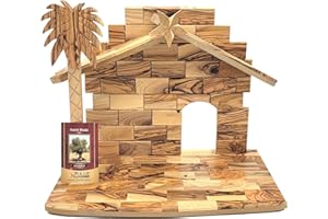Zuluf Olive Wood Rustic Nativity Stable for Indoor Table, Large 11.5x13.8x7.5 Inches, Handcrafted Christian Manger Scene with Star, Holy Creche for Navidad Nacimiento Home Decoration