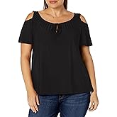 Star Vixen Women's Plus-Size Short-Sleeve Cold-Shoulder Peasant Top, Black, 2X