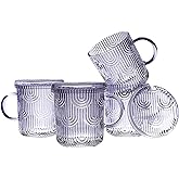 Lysenn Glass Coffee Mugs Set of 4 - Premium Crystal Glass Mugs with Lids – Unique Design Coffee Glasses for Tea Latte Cocoa Chocolate - 10 oz, Amethyst Purple