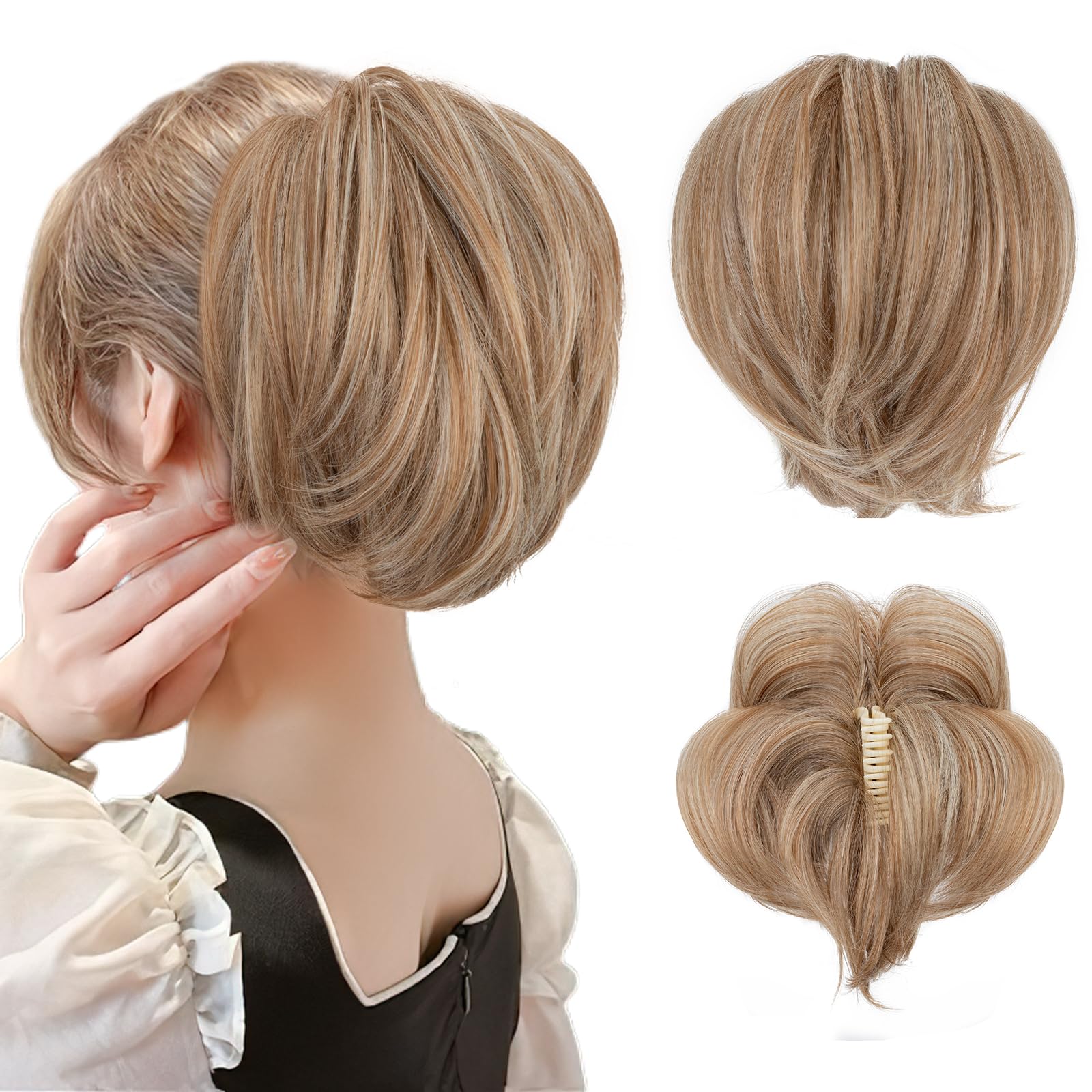 SEGOHAIR Claw Clip Short Ponytail Extension Messy Bun Hair Piece, Bendable Metal Wire Fake Bun Hair Pieces for Women-Fake Ponytail DIY Styles Hair Buns Hair Piece-Dirty Blonde & Light blonde