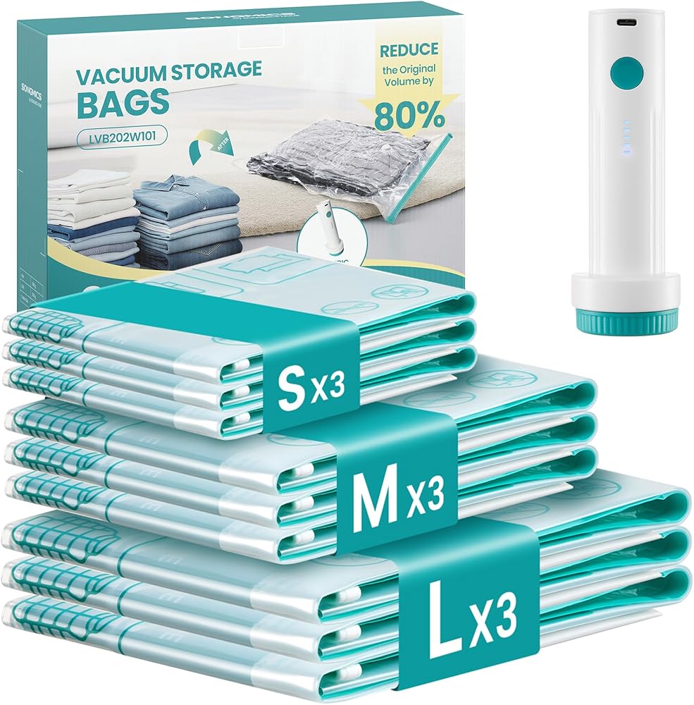 SONGMICS Vacuum Storage Bags, Rechargeable Portable Electric Pump, Space Saver Vacuum Seal Suction Bags for Clothing Travel B
