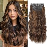 AliLeader Brown Hair Extensions Clip In 20in Synthetic Curly 4 pcs Dark Brown