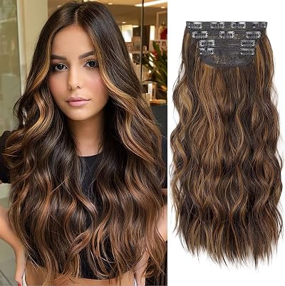 AliLeader Brown Hair Extensions Clip In 20in Synthetic Curly 4 pcs Dark Brown