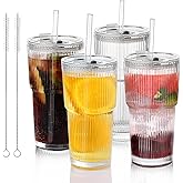 Salpae Glass Cups with Lids and Straws - 18oz Glass Tumbler with Straw and Lid, Premium Coffee Cups for Tea, Iced Coffee, Smoothie，Ideal Gift for Home, Office, 4 Pack