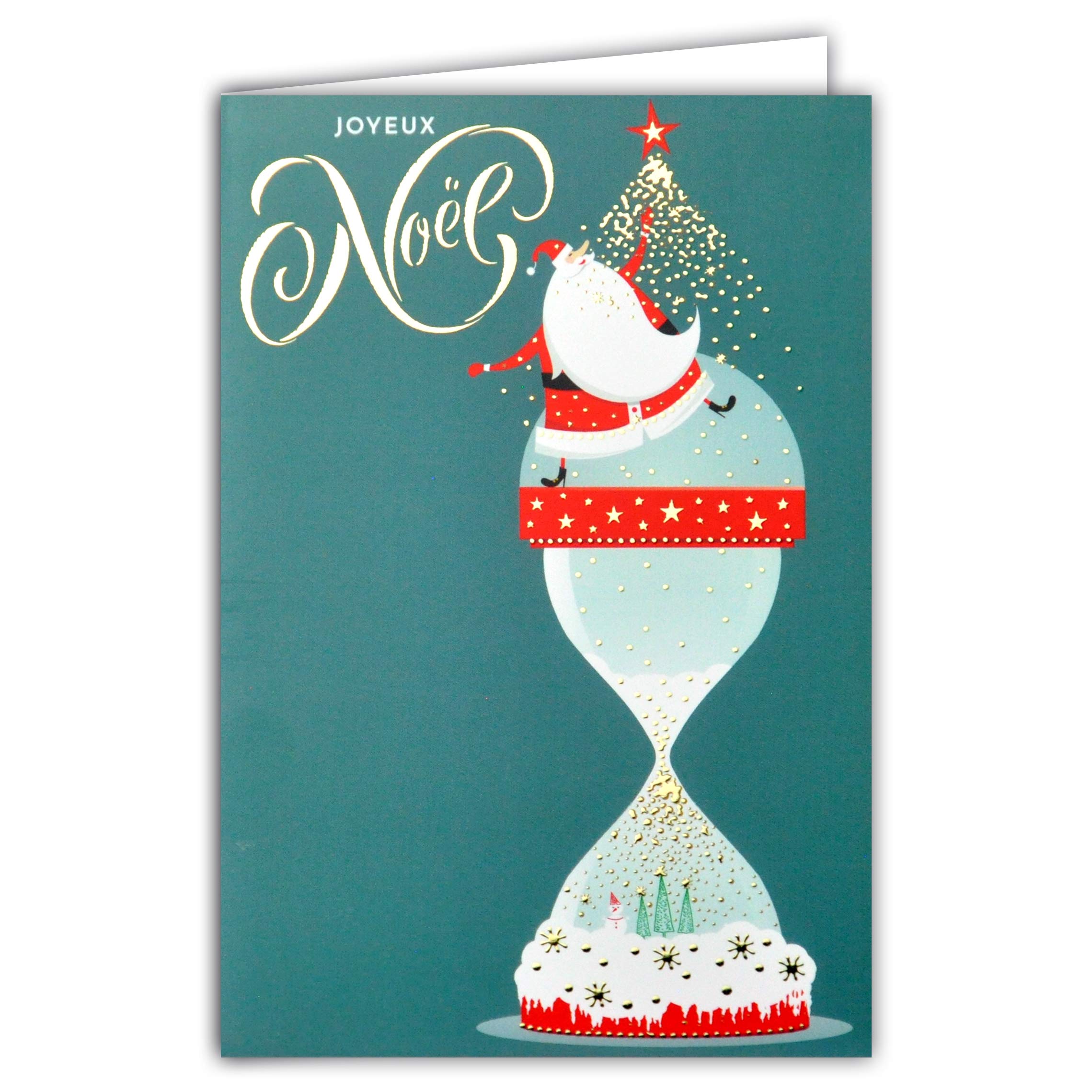 Merry Christmas Card Santa Claus Little Dad Christmas Red Beard Snowflakes Sand Timer Star Rain Gold Gilt