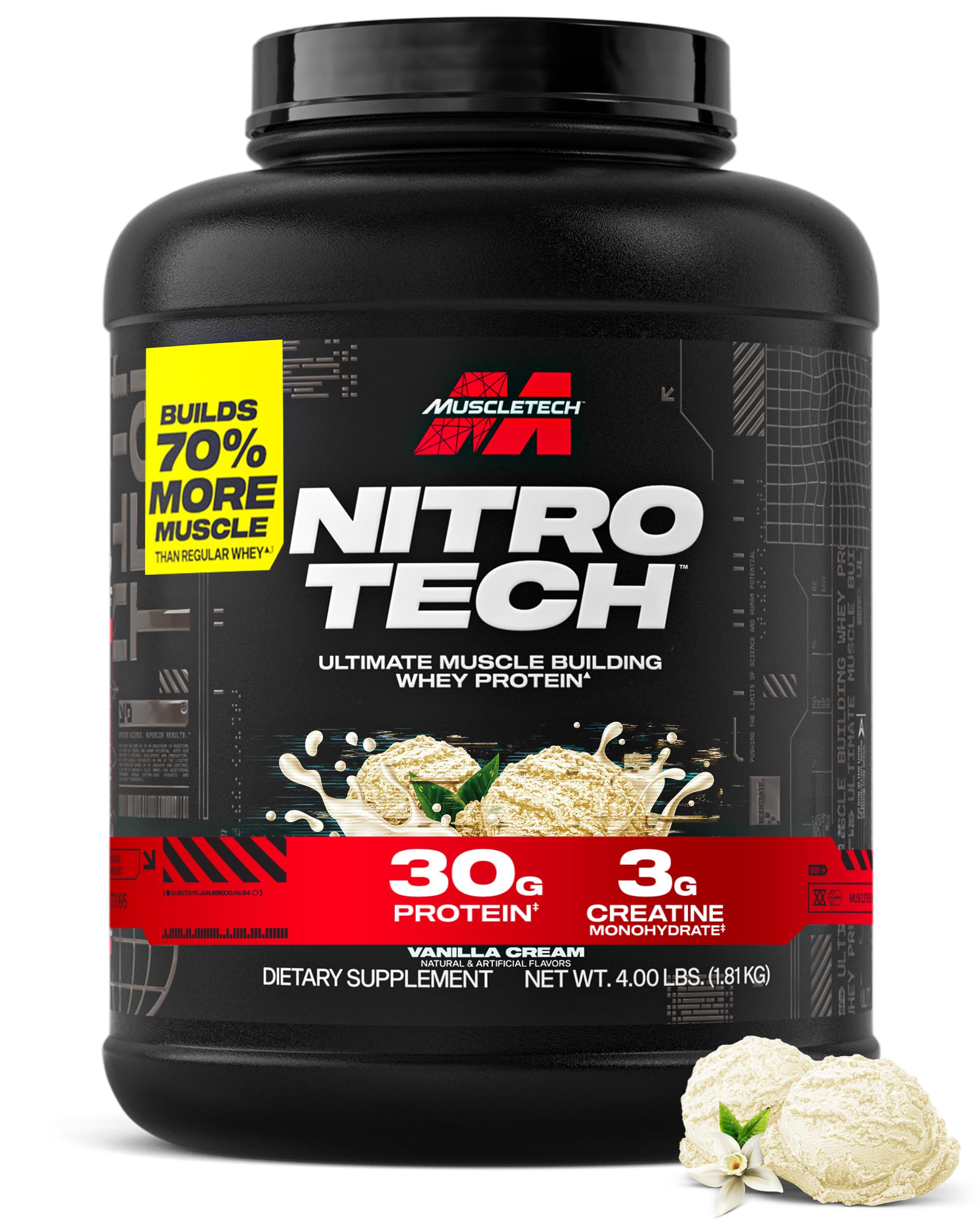 Photo 1 of Muscletech Whey Protein Powder (Vanilla Cream, 4 Pound) - Nitro-Tech Ultimate Muscle Building Formula with Whey Protein Isolate - 30g of Protein, 3g of Creatine & 6.8g of BCAA - Packaging May Vary