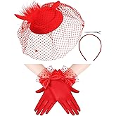 Geyoga 50s Fascinators Hat for Women 20s Feather Pillbox Hair Clip Funeral Tea Party First Communion Headpiece and Lace Glove