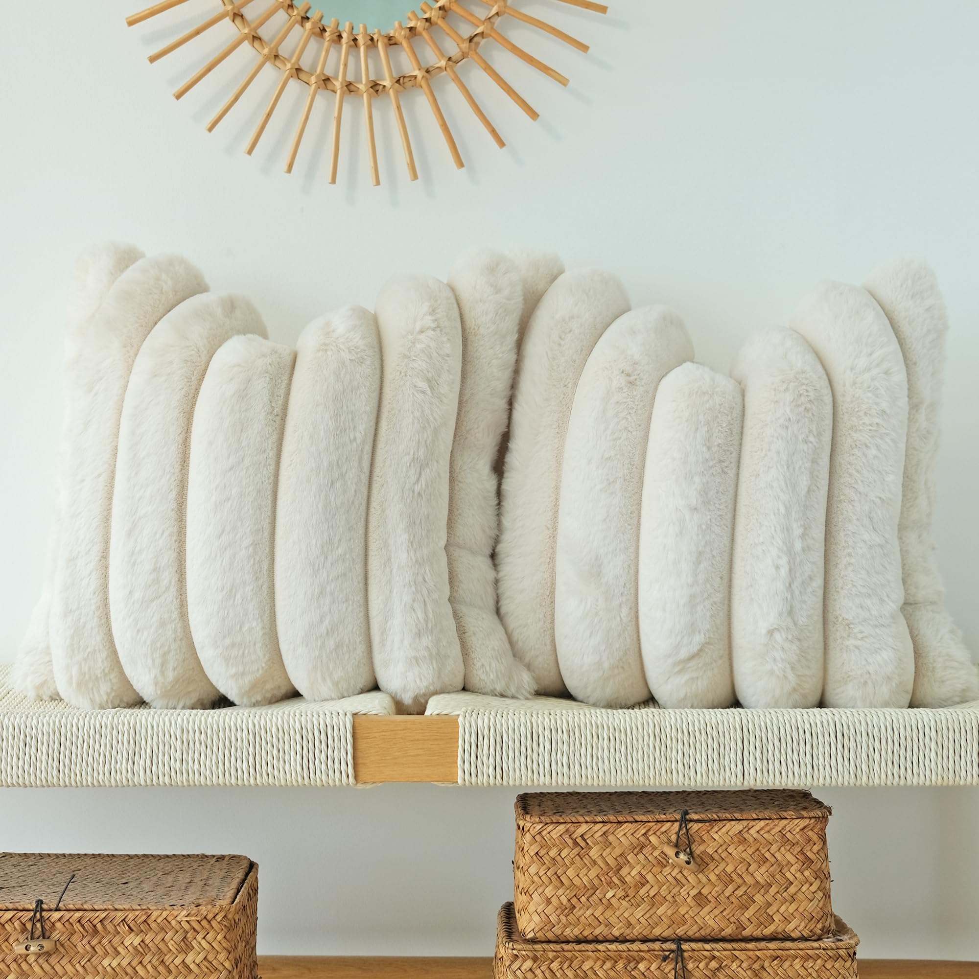 Photo 1 of JOJUSIS Pack of 2 Faux Fur Plush Decorative Throw Pillow Covers Couch Cushion Case Soft Fluffy Pillowcases Wide Stripe (Beige, 24 x 24 Inch)