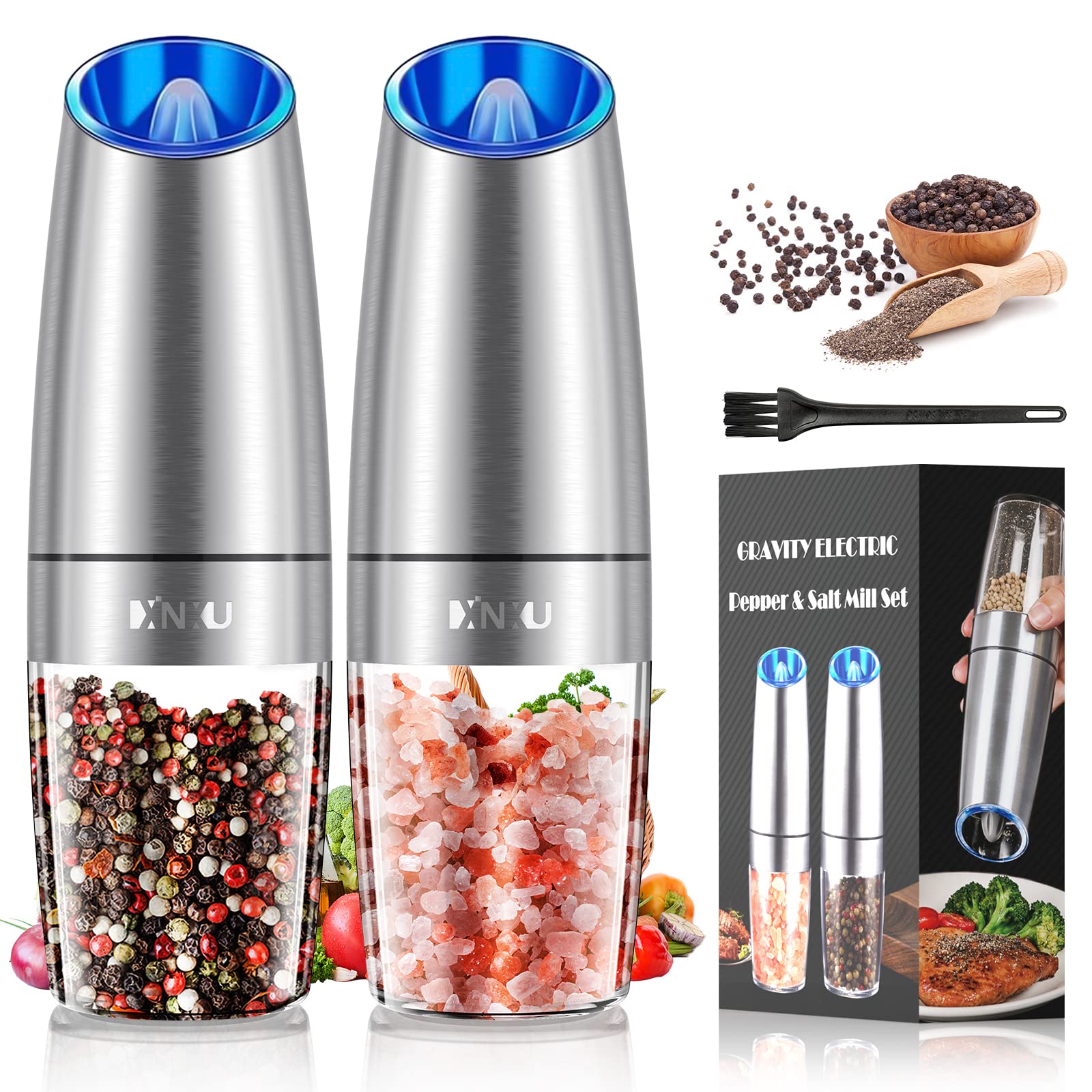 Photo 1 of Gravity Electric Salt and Pepper Grinder Set, Automatic Mill Grinder,Battery-Operated with Adjustable Coarseness, Premium Stainless Steel with LED Light, One Hand Operated