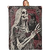 MIEPOS Gothic Skull Throw Blanket,50x60in,Soft,Lightweight Flannel,Skeleton and Raven Vintage Dark Blankets - Gifts for Adult,for Couch Office Travel,Home Living Room Halloween Goth Decor