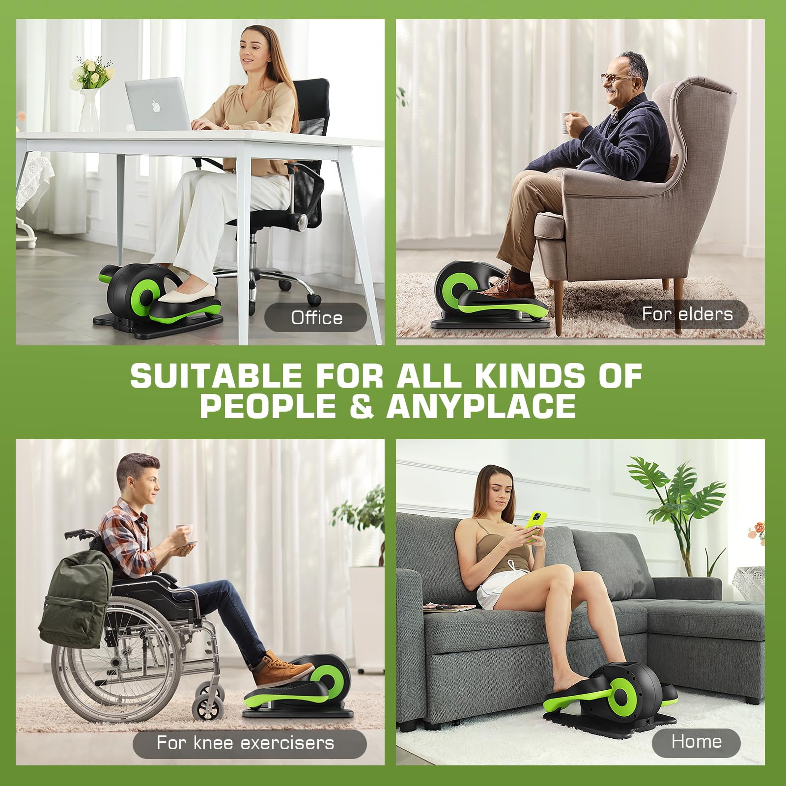 ANCHEER Under Desk Elliptical Machine - Quiet Pedal Exerciser for Seniors, Office & Home, Low-Impact Seated Leg Workout Equipment, Smart LCD Display, Remote Control(Black/Green)