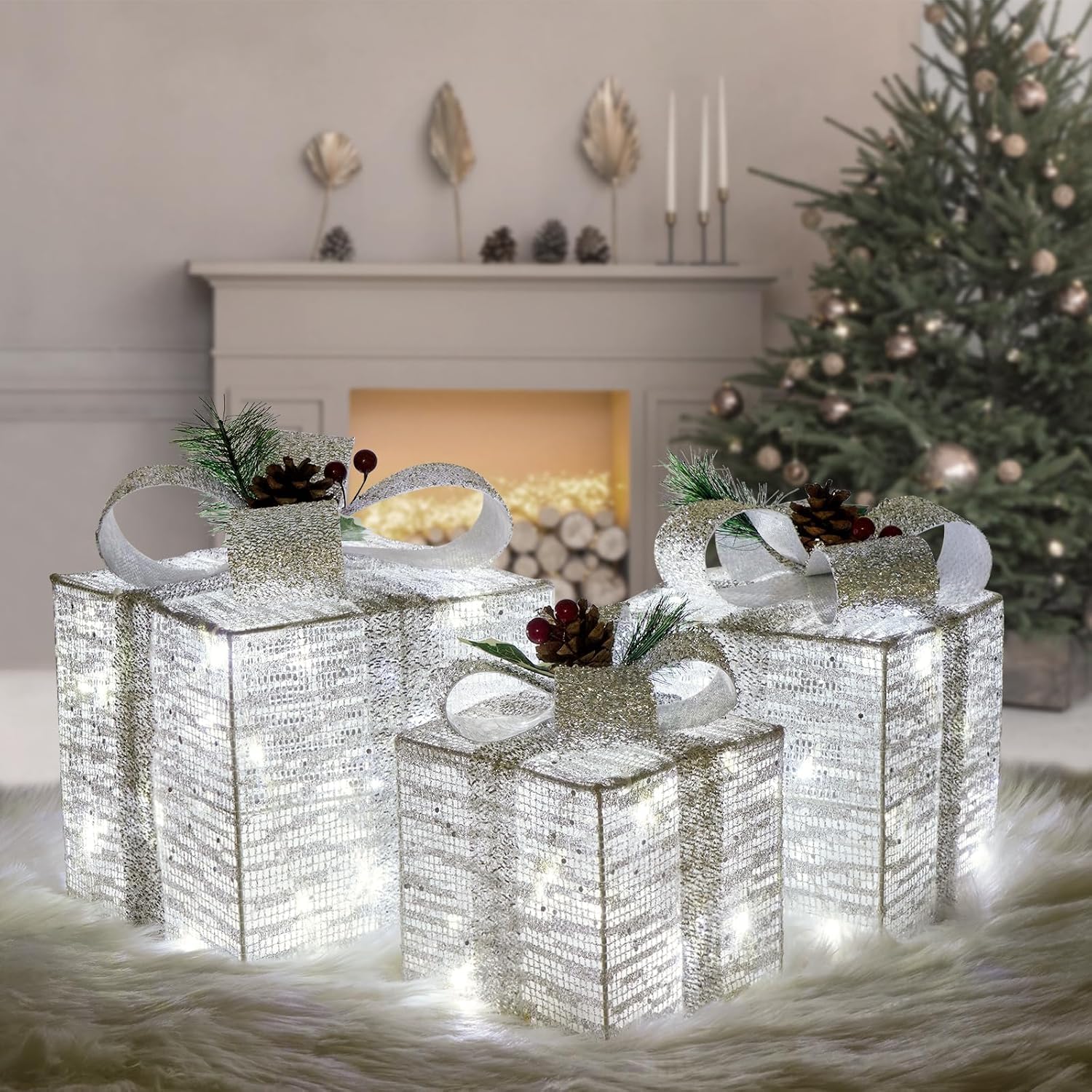 View 1 of Set of 3 Christmas Lighted Gift Boxes, Pre-lit 60LED Light Up Present Boxes Ornament, Sliver Boxes with White Lights, Battery Operated Christmas Decorations for Indoor Home, Party, Lawn Decor