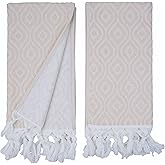 Turkish Cotton Hand Towels Set of 2 – Decorative Kitchen & Bathroom Towels with Woven Front and Terry Backing (Bohemian Rhythm Beige)