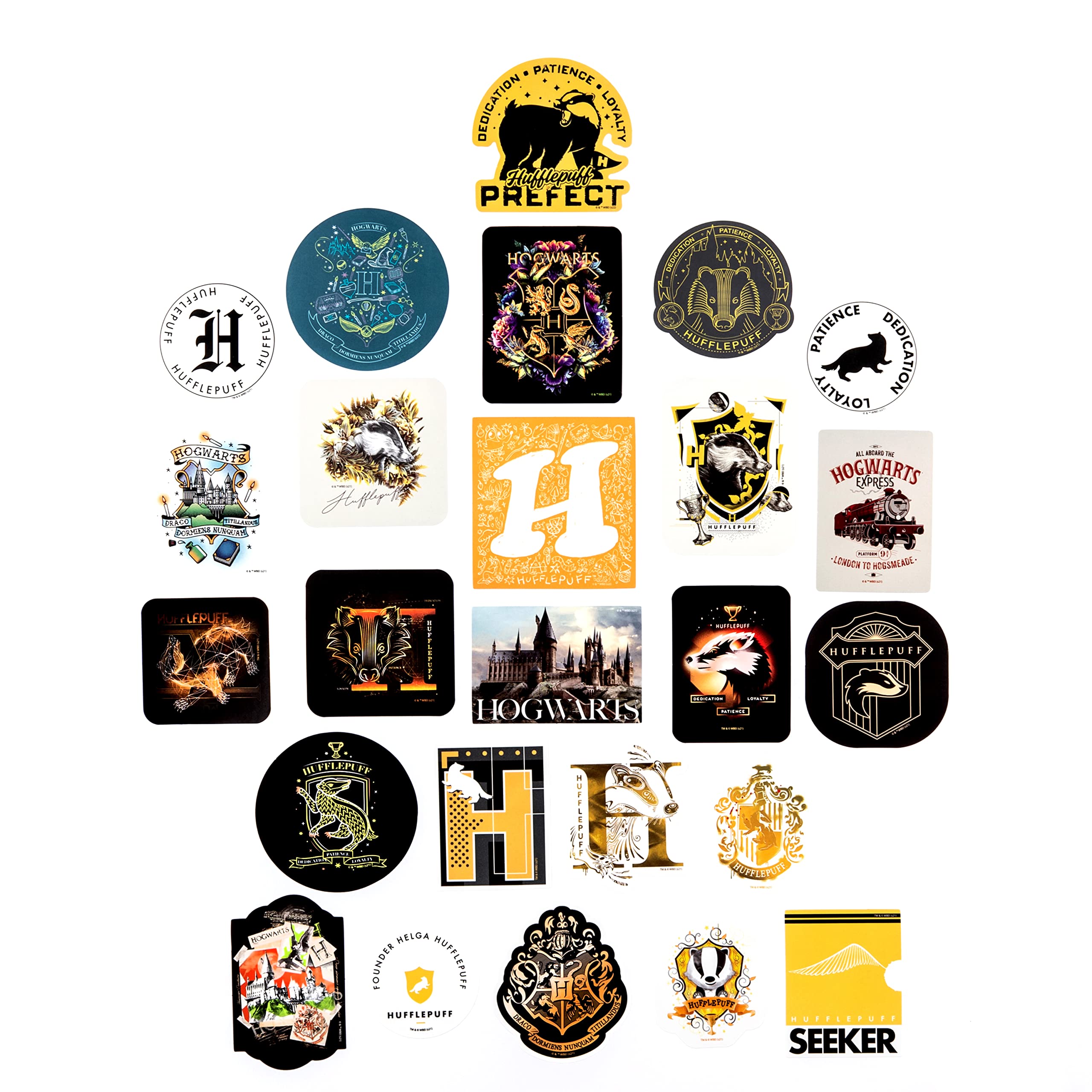 Harry Potter Hufflepuff Hogwarts House Vinyl Sticker Decal Pack, 60-Count, 5 Hologram Stickers, Waterproof, UV & Scratch-Resistant, Decals for Laptops, Water Bottles, Notes & More, Officially Licensed