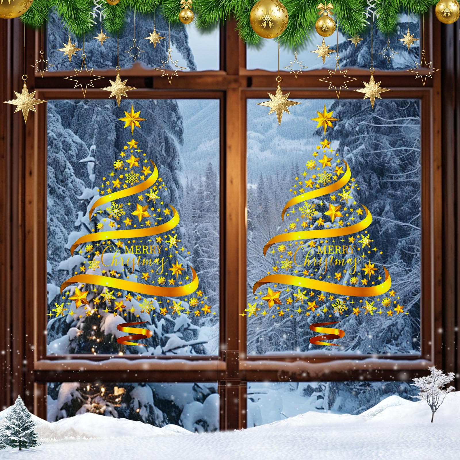 YBCCBY Christmas Window Stickers 2pcs Christmas Tree Window Clings PVC Xmas Decals Decorations Large Golden Xmas Windows Static Stickers for Christmas Window Display, Home Decor, Party Decor