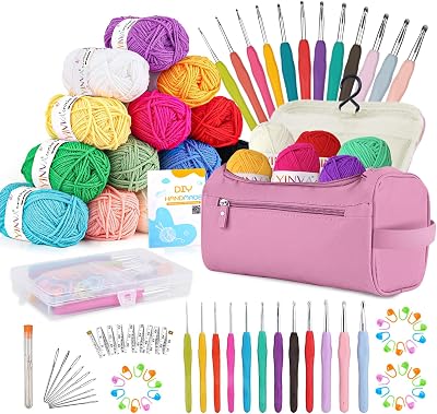 YINVA Crochet Kit for Beginners 15 Colors 12 Hooks 25g Yarn Storage Case Pink