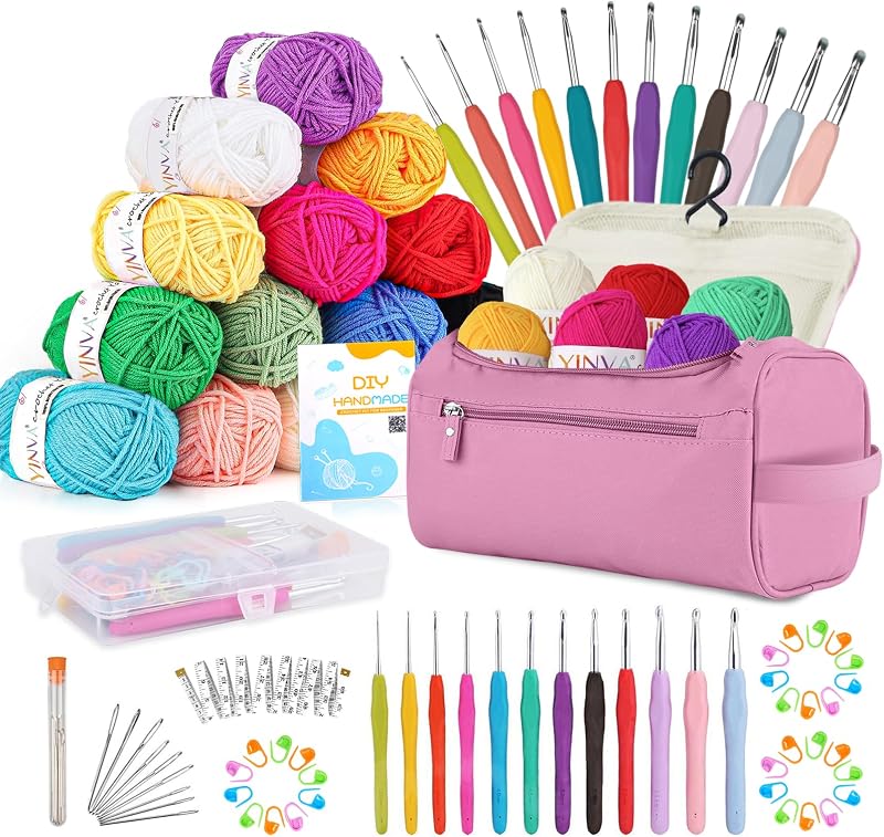 YINVA Crochet Kit for Beginners 15 Colors 12 Hooks 25g Yarn Storage Case Pink