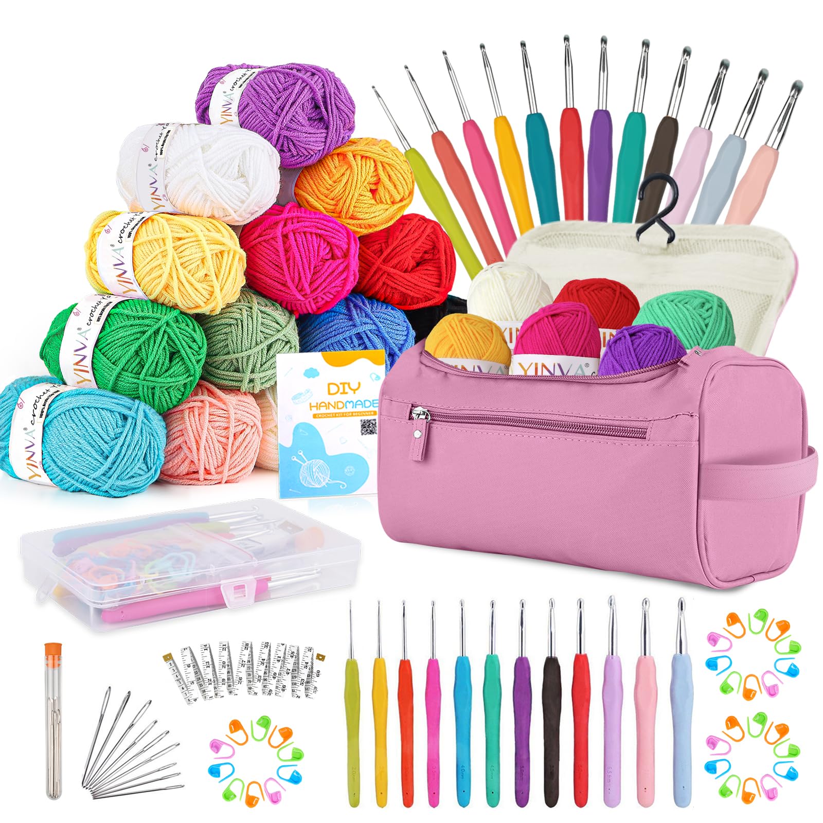 YINVA Crochet Kits for Beginners Adults Crochet Kit 15Pcsx25g Crochet Yarns Ergonomic Metal Crochet Hooks 2mm-8mm Knitting Accessories Tools Storage Case Needles Crochet Starter Kit-Pink