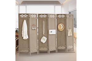 Aleesing Room Dividers and Folding Privacy Screens, 6 Panel Pegboard Display with 24 Hooks, Wood Room Divider Wall Portable Display Board Organizer for Craft Show Jewelry, Home, Jewelry Store, Brown