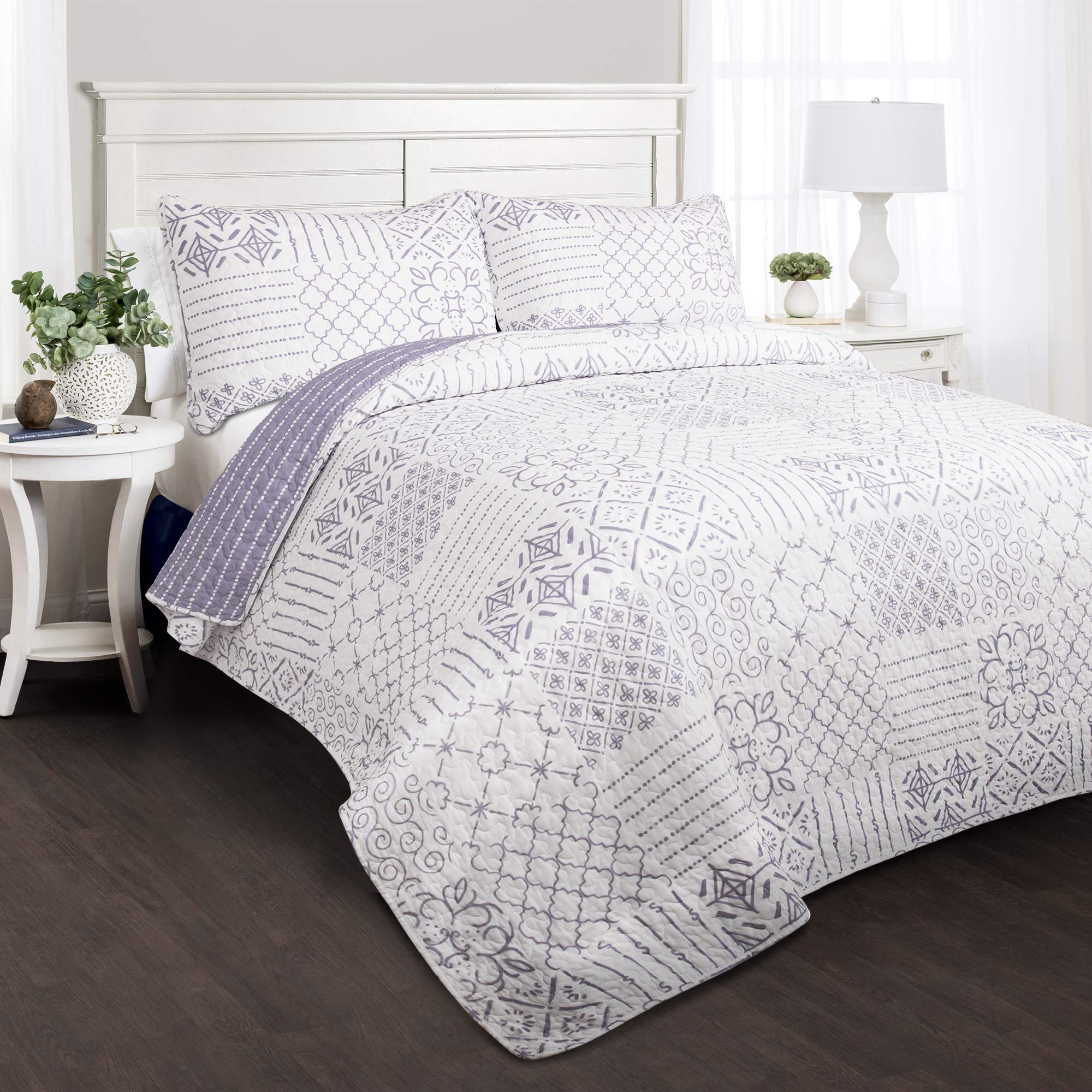 Lush Decor Lavender Monique 3 Piece Reversible Print Pattern Quilt Set-Full Queen