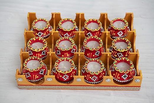 DesiDiya Clay Handmade Decorative Matki Diyas/Colourful Diya Set/Diya for Diwali- Set of 12 (5 cm X 5 cm X 2.39 cm, Multicolor)
