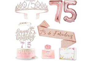 8pcs 75th Birthday Decorations for Women, Including 75 Birthday Cake Topper, Birthday Queen Sash with Pearl Pin, Sweet Rhines
