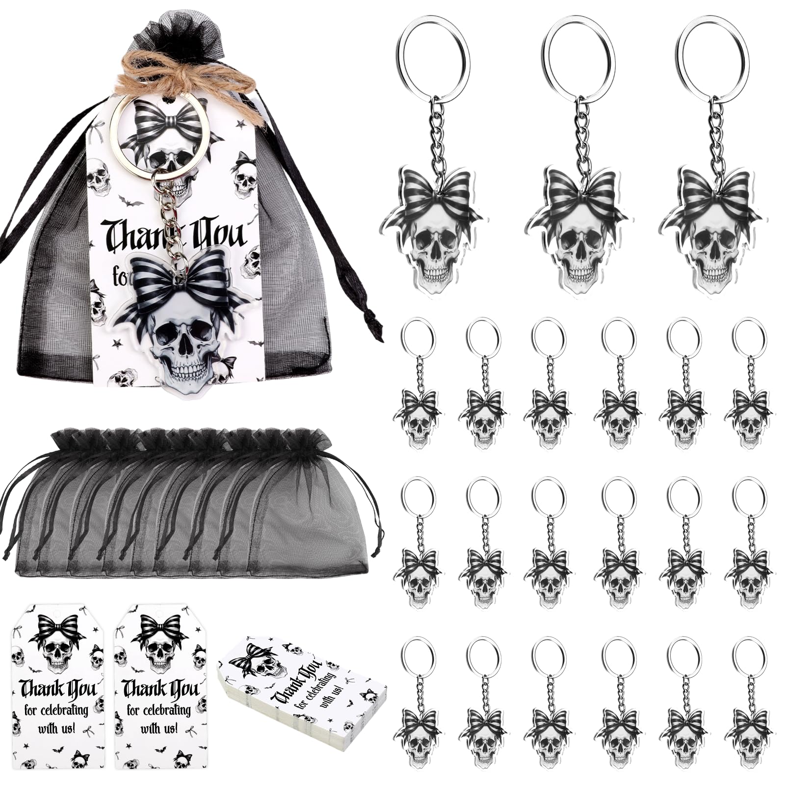 Serencatcher 24 Sets Gothic Themed Party Favors - Gothic Bow Keychains, Thank You for Celebrating with us Cards, Organza Bags for Rip 20s 30s Birthday Bachelorette Wedding Halloween Party Supplies