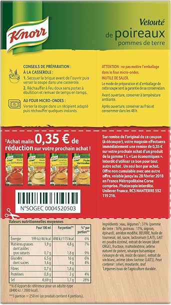 Knorr Soupe Les économiques Velouté De Poireaux Pommes De Terre 1 L Lot De 4