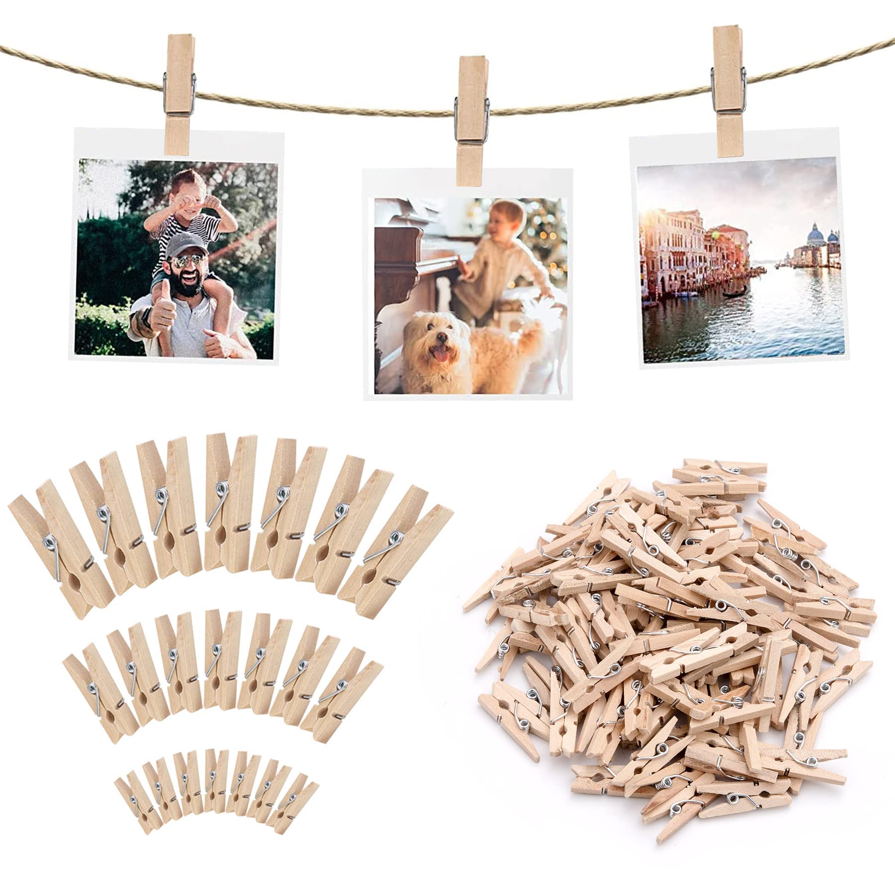 150 Pcs Small Wooden Clothes Pegs Mini Tiny Decorative Photo Pegs 2.5/3/3.5 cm LaundryClips for Hanging Photos, Pictures, Collages, Postcards, Gifts, Craft