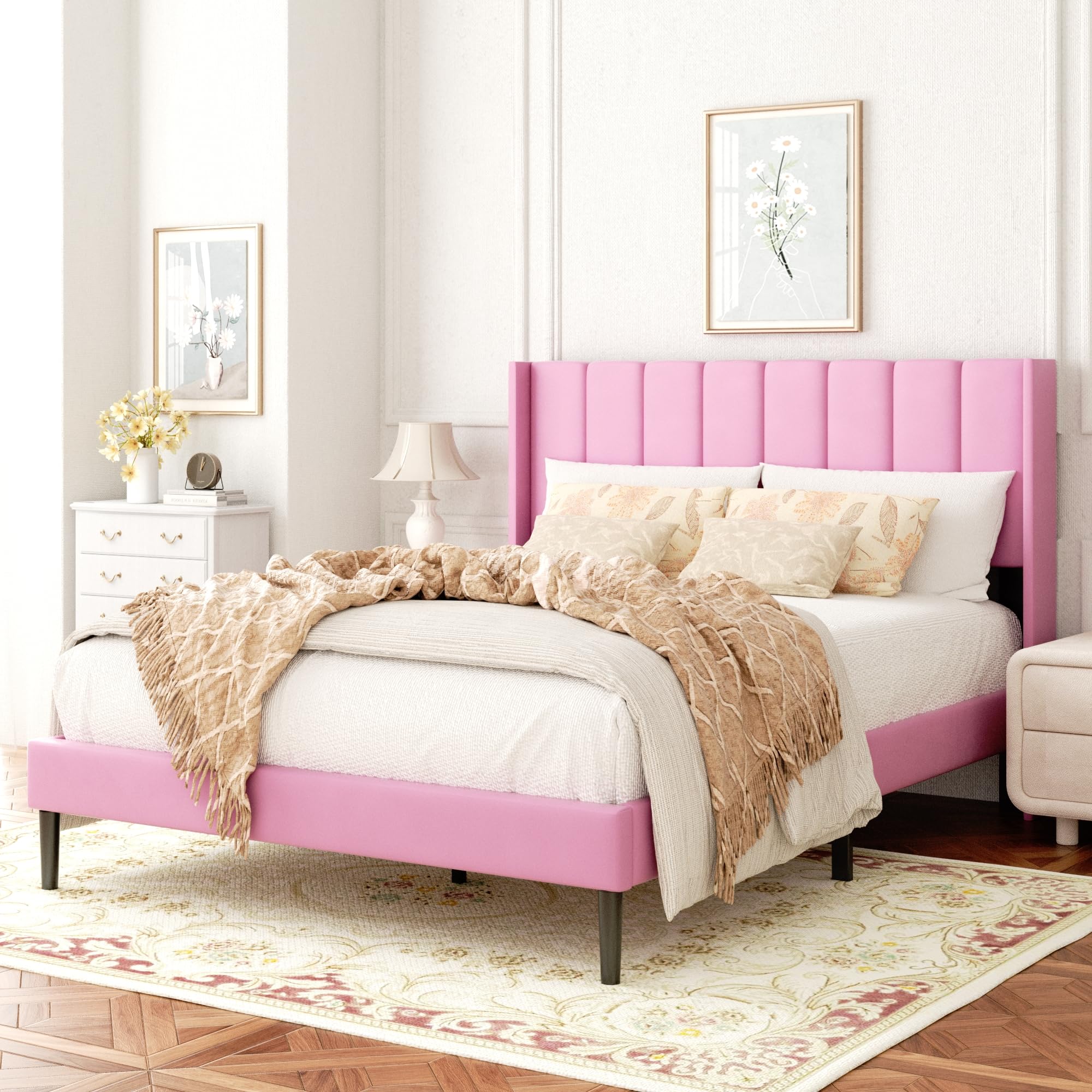 Photo 1 of **Partial set** 
HAOARA Full Size Velvet Bed Frame with Vertical Chanel Tufted Headboard and Wingback, Upholstered Platform Bed, Strong Wooden Slats, No Box Spring Needed, Pink