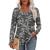 Anyhold Womens Fall Long Sleeve Tunics Tops Dressy Casual Pleated Blouses Trendy Crew Neck Shirts