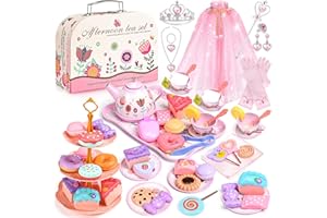 AOJIENI Tea Party Set for Little Girls, 63Pcs Pretend Play Toys, Princess Dress Up Tea Time, Tin Tea Sets for Toddlers 3-5 6 with Dessert, Carrying Case, Kids Kitchen Playset, Birthday Gift for Toddler Girls