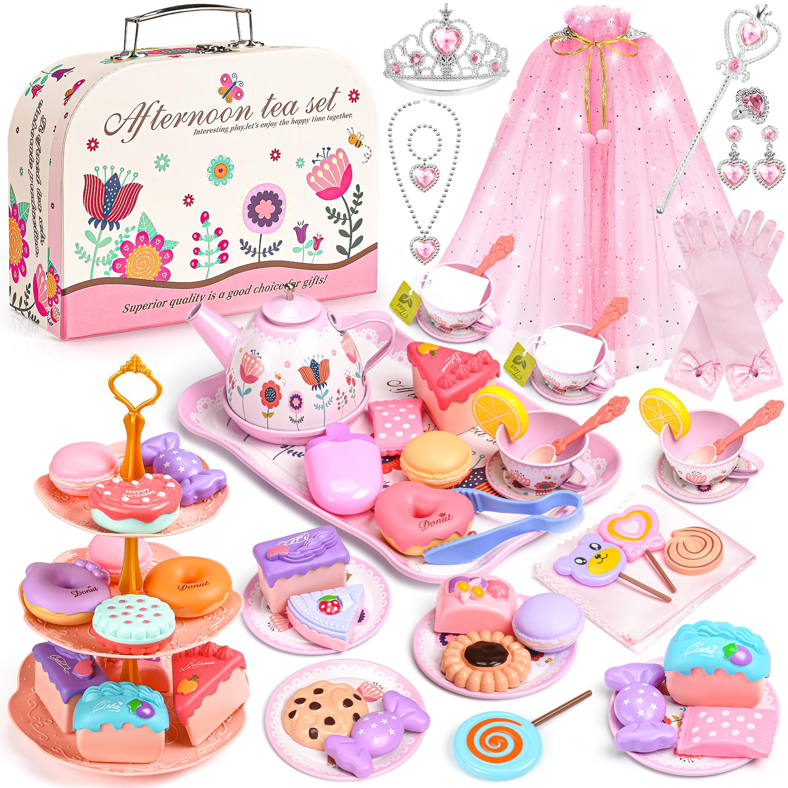 Photo 1 of Tea Party Set for Little Girls: 63Pcs Pretend Play Toys, Princess Dress Up Tea Time, Tin Tea Sets for Toddlers 3-5 6 with Dessert, Carrying Case, Kids Kitchen Playset, Birthday Gift for Toddler Girls