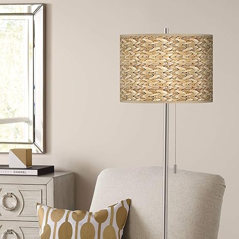Modern Floor Lamp Brushed Nickel Tropical Seagrass Pattern Giclee Drum Shade For Living Room Reading Bedroom Office Giclee Glow