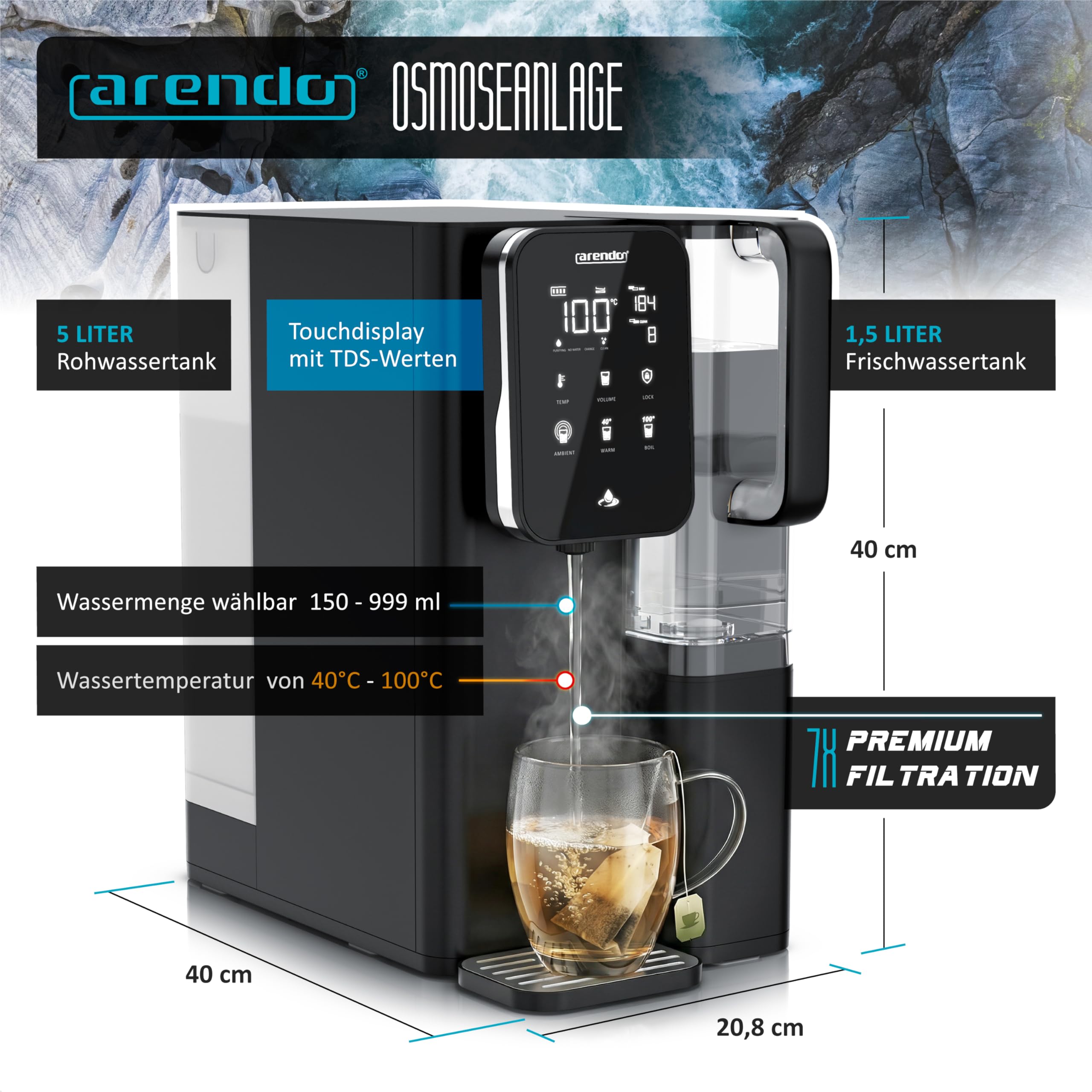 Arendo - Premium Osmoseanlage - 99,99% reines Trinkwasser - 7 stufiges Filtersystem (5+2) – Umkehrosmose/Wasserfilter – keine Installation - Auftisch Gerät – Heißwasserspender 40°C - 100°C – TDS 2