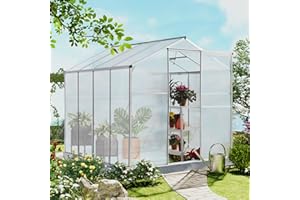 FurGenius 6x8 FT Hybrid Polycarbonate Greenhouse with Lockable Hinged Door, Sliding Door and 2 Vent Window, Walk-in Hobby Greenhouse Aluminum Hot House for Outdoor Garden Backyard, Silver