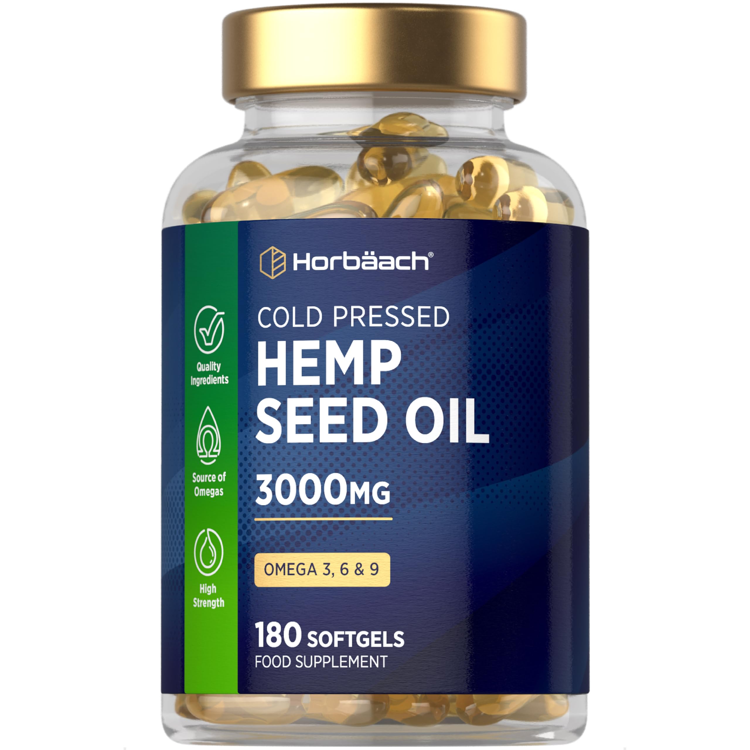Hemp Seed Oil Capsules High Strength | 180 Softgels | 3000mg | Cold Pressed Supplement with Omega 3 6 and 9 | By Horbaach