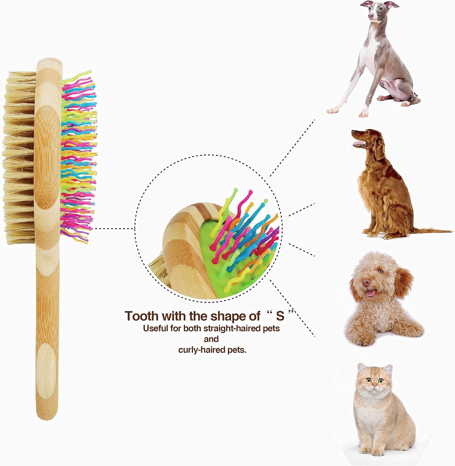 Double-Sided Pet Brush for Grooming & Massaging Dogs, Cats & Other Animals – Fur Detangling Pins & Coat Smoothing Slicker Bristles, Double the Brushing Groom Power In One Tool, Bamboo Handle: Beauty