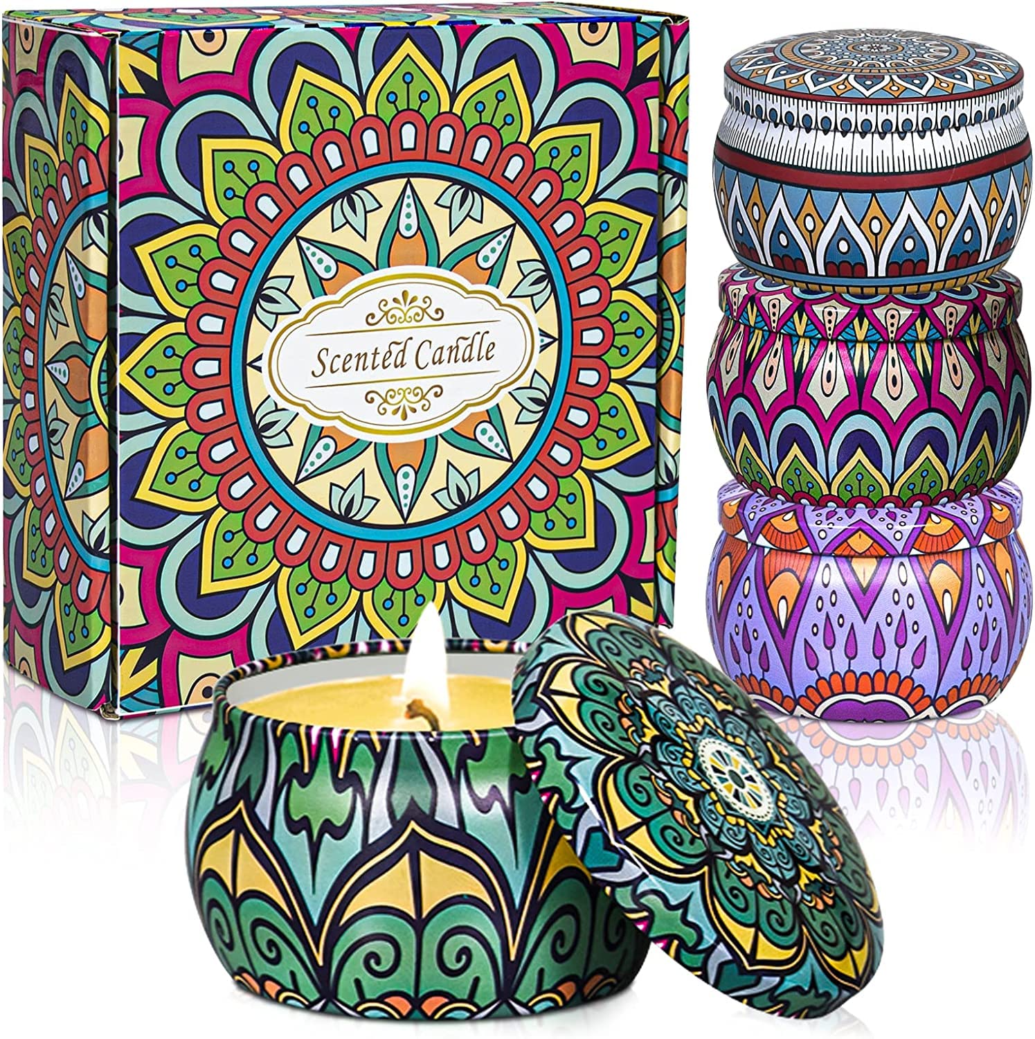 Scented Candles Aromatherapy Gift Set: 4 Pack Gardenia,Jasmine,Lavender Osmanthus Large Size Natural Soy Wax Candle 4.4 Oz Travel Tin Fragrance Relaxing Stress Relief Aroma Home Best Gift for Women