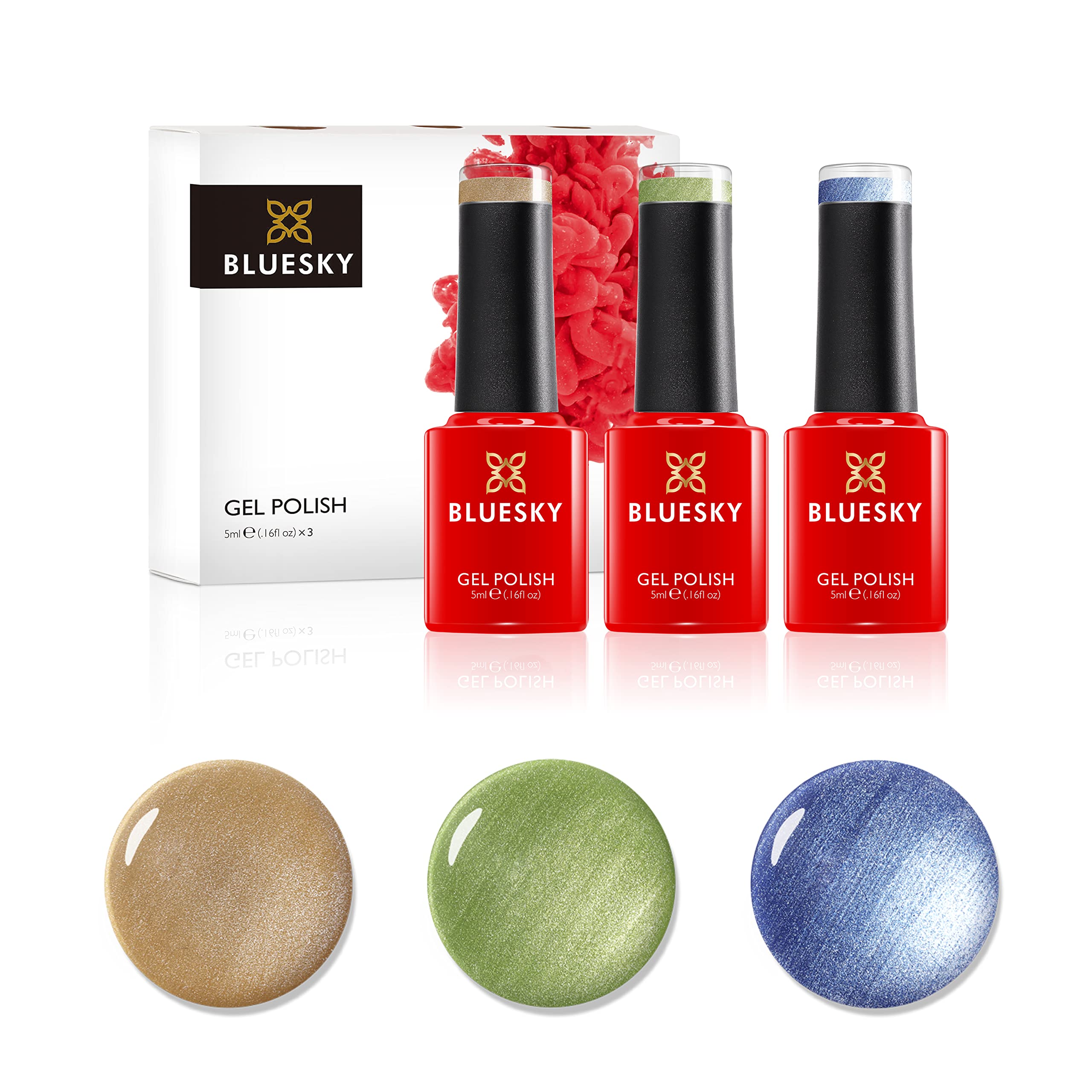 Bluesky Gel Nail Polish Set, Summer 2021 Collection, Trio Set, Gold, Green, Blue, Pastel, Shimmer, Metallic, 3 x 5 ml (Requires Curing Under LED or UV Lamp)