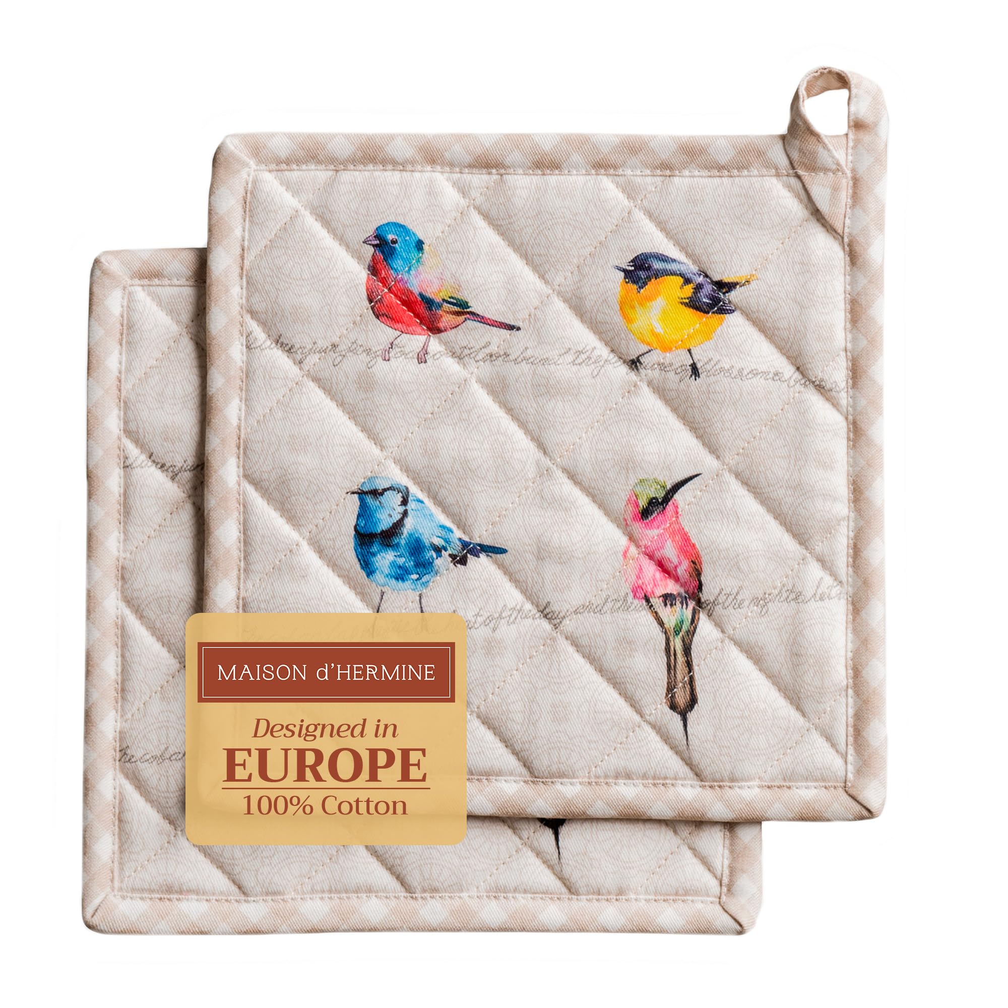 Maison d' Hermine Birdies on Wire 100% Cotton Pot Holder Set of 2 for Barbecue, Baking, Oven, Microwave, Grilling, Spring/Summer, Easter (20 cm x 20 cm)