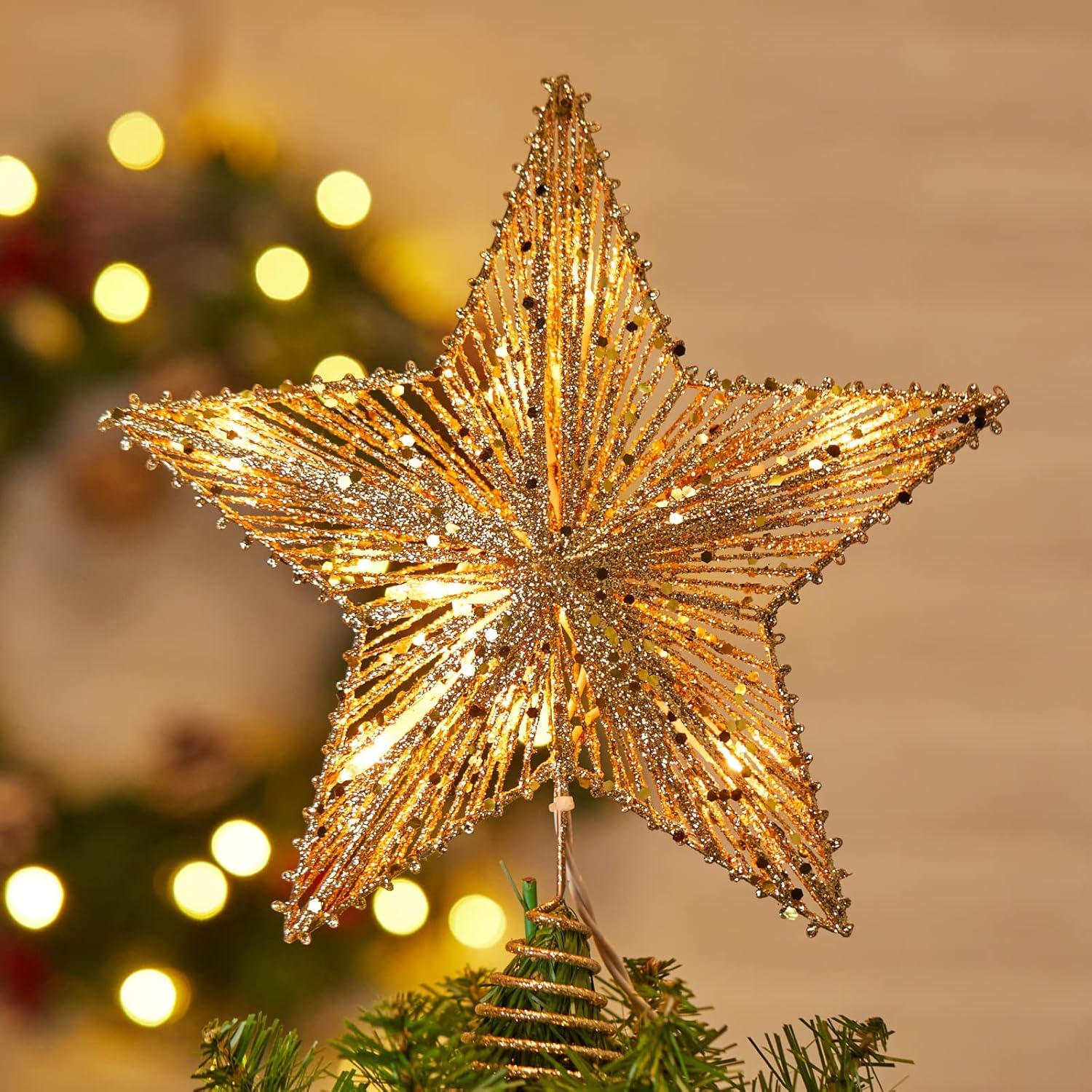 Tree Toppers - Christmas Star Tree Topper, Plug in 3D Star Tree Topper, 11”Golden Glittered Metal Hollow Designed Built-in 10 Bulbs String Lights for Christmas Tree Decorations
