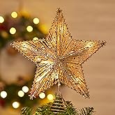 Christmas Star Tree Topper, Plug in 3D Star Tree Topper, 11”Golden Glittered Metal Hollow Designed Built-in 10 Bulbs String Lights for Christmas Tree Decorations