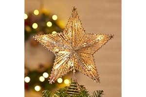 BRIGHTOWN Christmas Star Tree Topper, Plug in 3D Star Tree Topper, 11”Golden Glittered Metal Hollow Designed Built-in 10 Bulbs String Lights for Christmas Tree Decorations