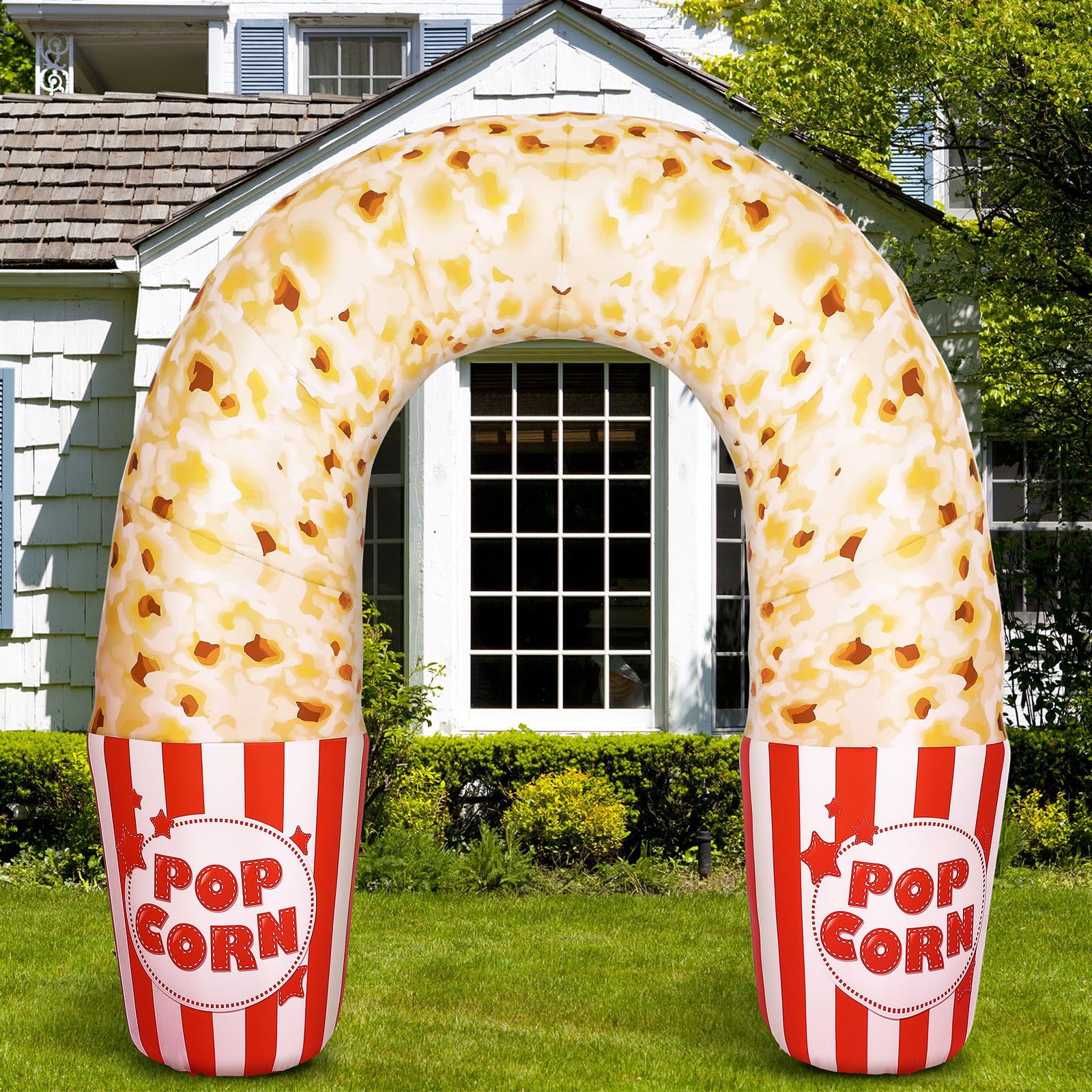 Photo 1 of RoundFunny 7 ft Giant Popcorn Box Decorations Stand up with Balloons Movie Night 3D Popcorn Box Carnival Yellow White Inflatables Arch Decorations for Movie Night Themed Party