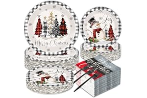GOLDGAO 200 PCS Christmas Party Plates Napkins Farmhouse Tableware Set Buffalo Plaid Xmas Tree Snowman Dinnerware Set for Party Decorations Gingham Themed Winter Holiday Birthday Party Supplies for 50 Guests